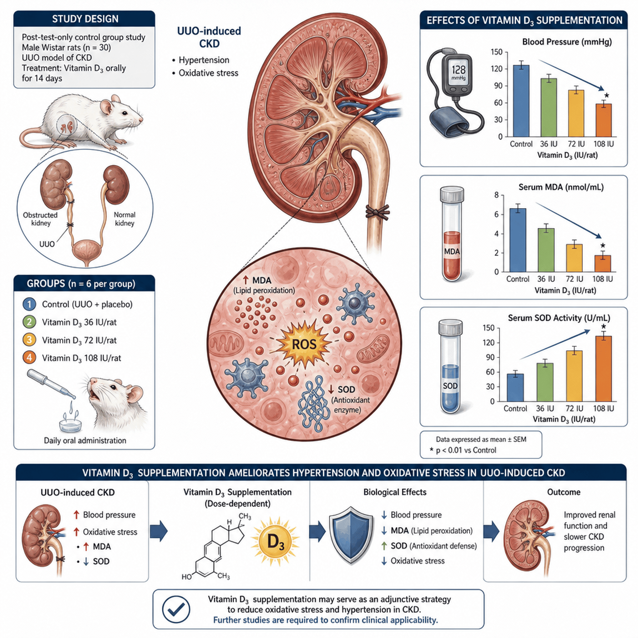 Vitamin D3 on Oxidative Stress Markers and Blood Pressure in a  UUO Rat Model of Chronic Kidney Disease