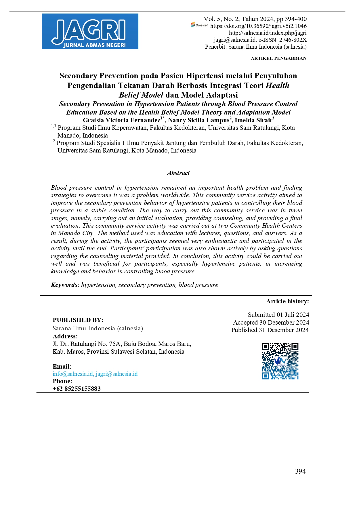 Secondary Prevention pada Pasien Hipertensi melalui Penyuluhan Pengendalian Tekanan Darah Berbasis Integrasi Teori Health  Belief Model dan Model Adaptasi 